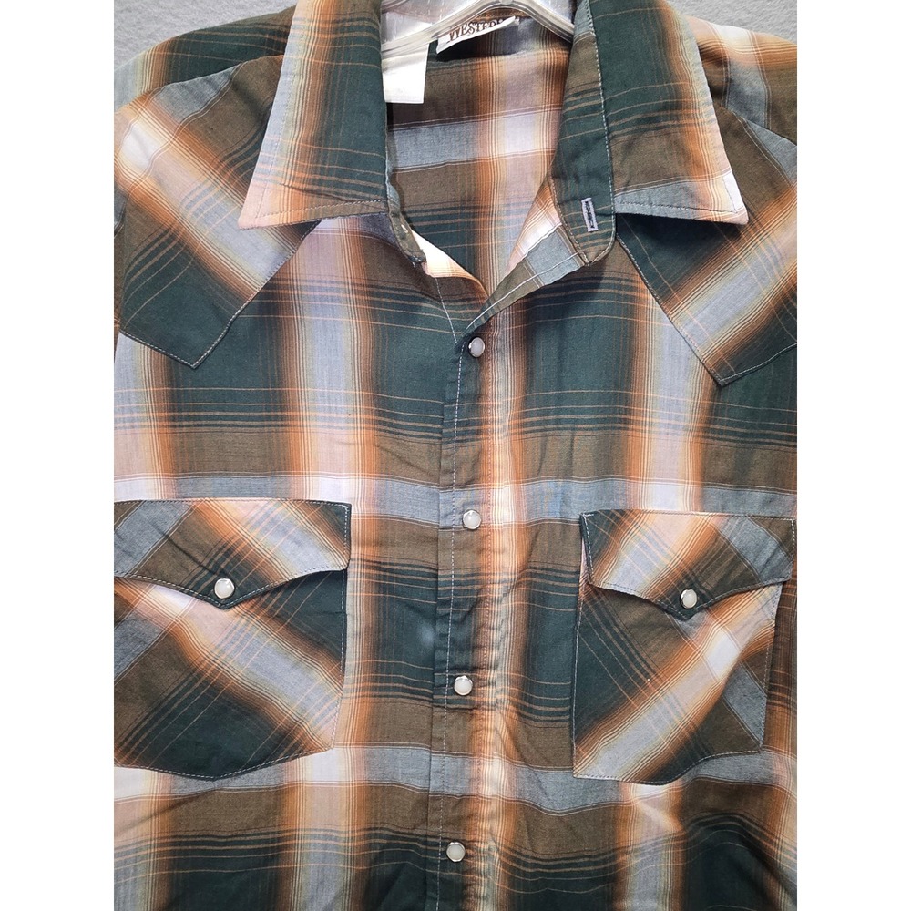 Western Frontier Mens Short Sleeve Pearl Snap Plaid Western Shirt Green Brown L